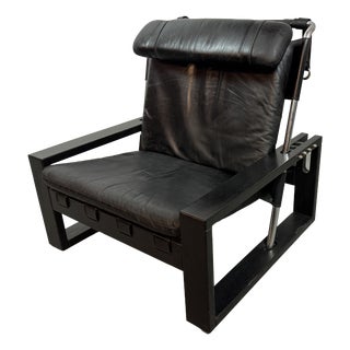 Brutalist Black Leather Armchair with Black Wooden and Metal Chrome Frame by Sonja Wasseur, Netherlands, 1970s For Sale