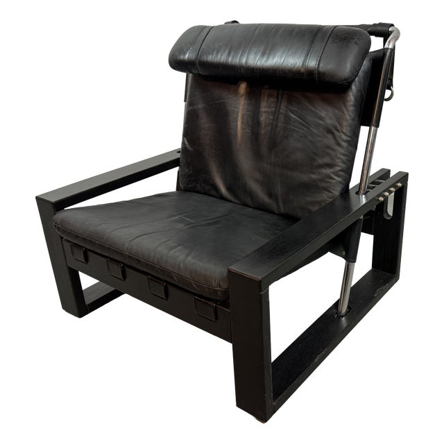 Brutalist Black Leather Armchair with Black Wooden and Metal Chrome Frame by Sonja Wasseur, Netherlands, 1970s For Sale