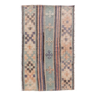 Stripe Design Turkish Vintage Flat-Weave Rug in Light Green, Purple, and Peach For Sale