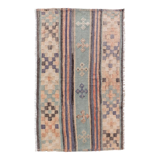 Stripe Design Turkish Vintage Flat-Weave Rug in Light Green, Purple, and Peach For Sale