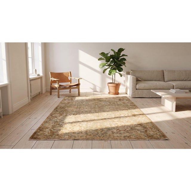 1920s Tan Camel Polonaise Antique Indian Agra Rug 4'9" X 7'10" Handknotted Wool Carpet For Sale - Image 10 of 10