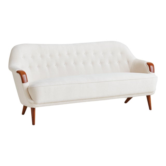 Off-White Alpaca Sofa with Wood Details, Denmark 1960s For Sale