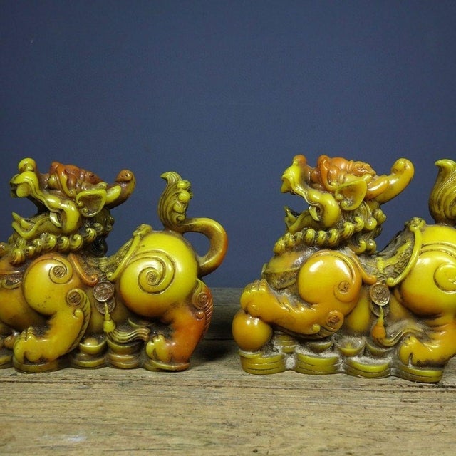 This striking pair of vintage Shoushan stone figures depicts Pi Xiu, mythical creatures from traditional folklore believed...