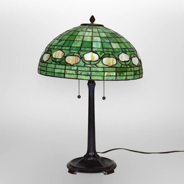 Glass Vintage Tiffany Leaded Stained Glass Table Lamp With Acorn Shade 20thC For Sale - Image 7 of 15