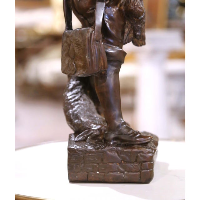 Metal Mid 20th Century Mid-Century French Patinated Bronze Sculpture of a Young Hunter With Hare For Sale - Image 7 of 10
