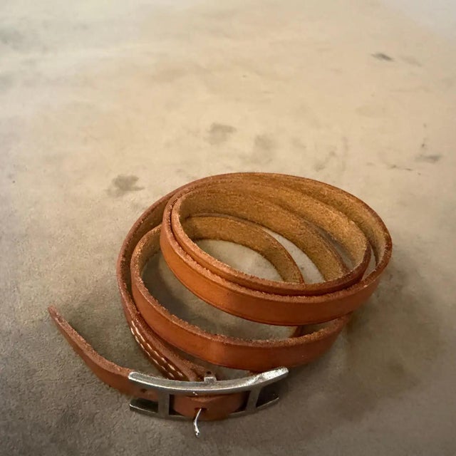 Brown 1991 Triple Wrap Brown Leather Silver Tone Bracelet by Hermes For Sale - Image 8 of 11