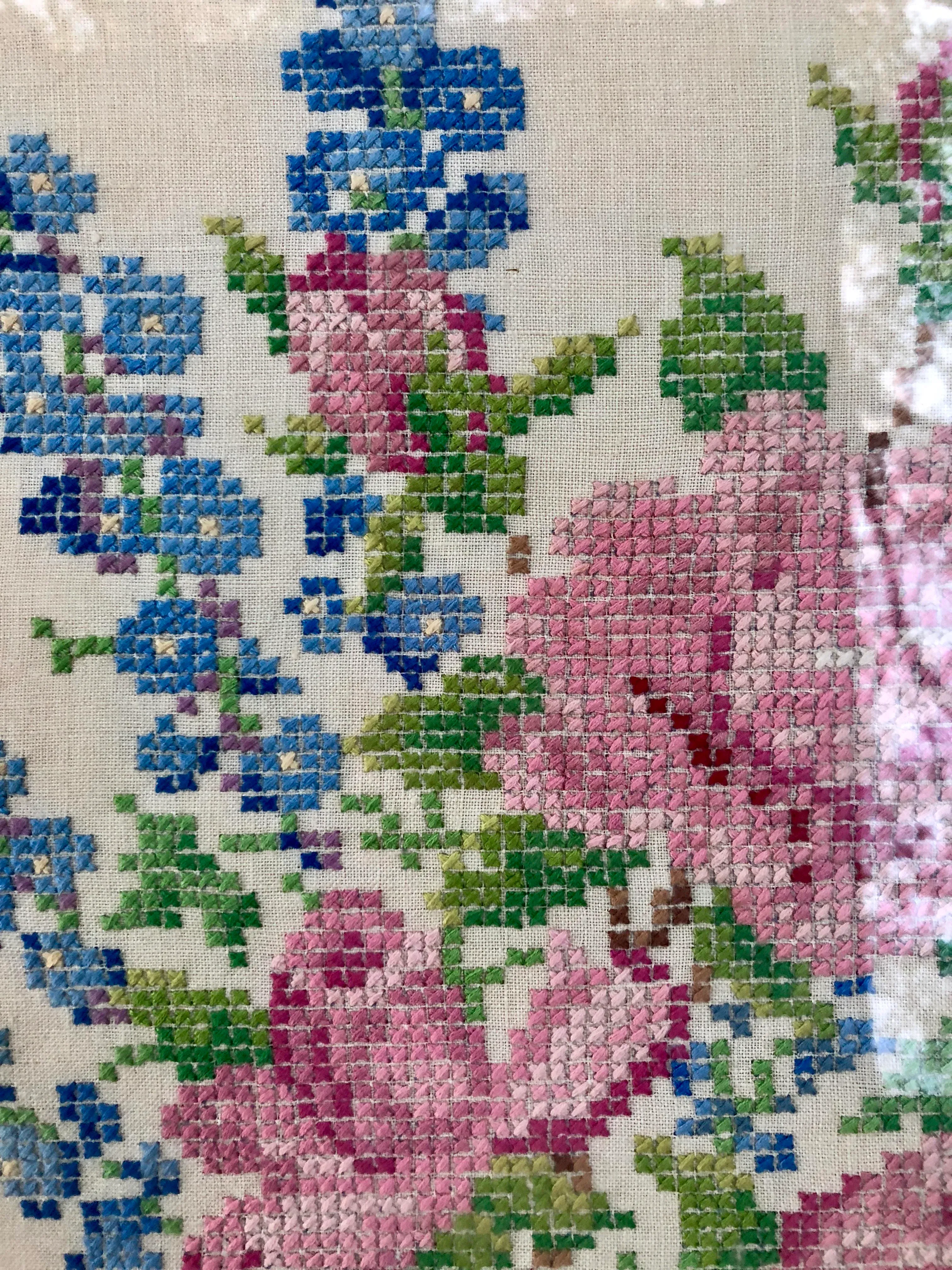 Vintage Embroidered Wall Decor, Cross Stitched Wall Hanging of a