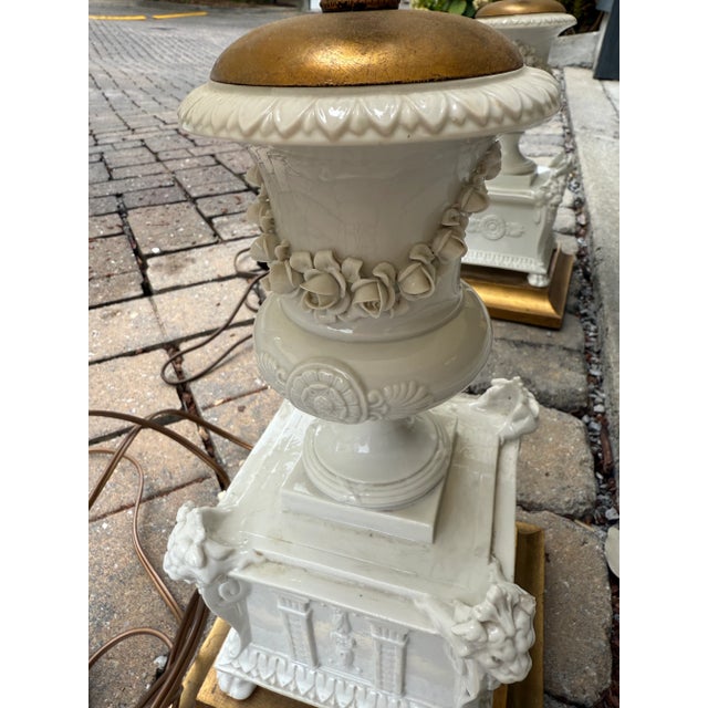 Pair of White Porcelain Flower Encrusted Lamps For Sale - Image 4 of 8