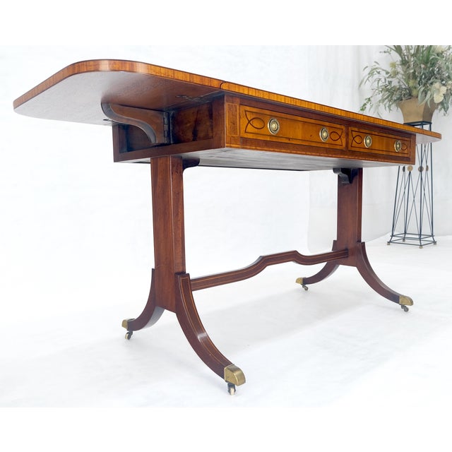 Traditional Yew Wood Drop Leaves Two Drawers Low Profile Brass Feet Desk Console Table MINT For Sale - Image 3 of 18