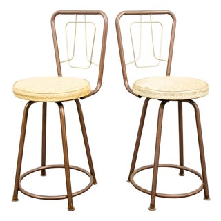 Mid Century Modern Bar Stools Set 2 Brown Swivel Wood American Vintage Tan MCM For Sale