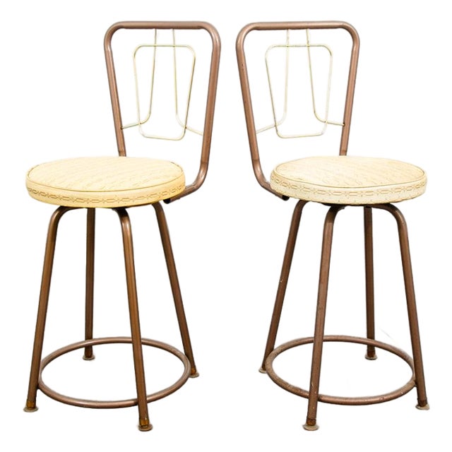 Mid Century Modern Bar Stools Set 2 Brown Swivel Wood American Vintage Tan MCM For Sale