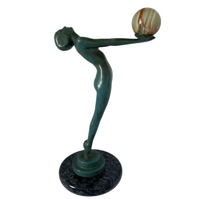 1960s Max Le Verrier "Lueur" French Art Deco Figural Sculpture With Onyx Sphere For Sale - Image 16 of 17