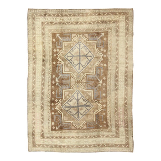 Vintage Turkish Oushak in Light Brown, Camel, Blue/Lavender and Cream 6′7″ × 8′7″ For Sale