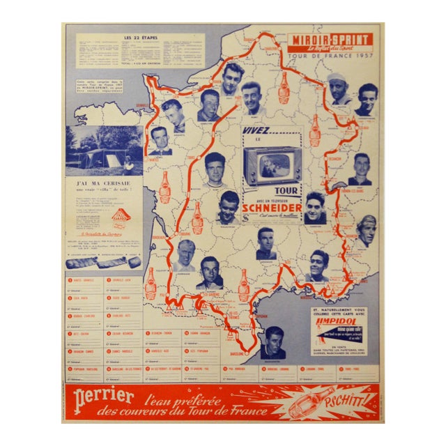 1957 Tour De France Map, Perrier (Linen Backed) For Sale
