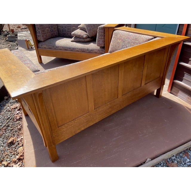 Pair of Stickley Furniture Wine/Blue Geometric Mission Prairie Oak Loveseats / Sofa's For Sale - Image 12 of 18