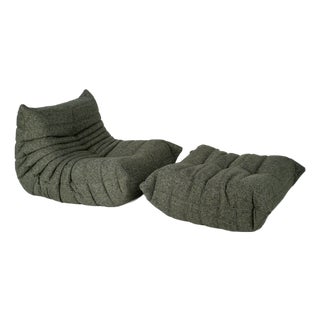 Set of Togo Lounge Chair and Pouf in Grey Tweed Fabric by Michel Ducaroy for Ligne Roset, 1973 For Sale