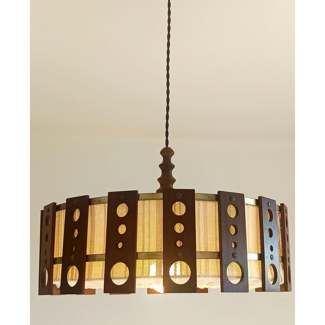 Scandinavian Teak and Fabric Pendant Light, 1960 For Sale - Image 10 of 11