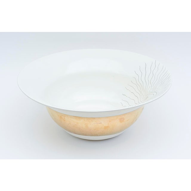 Gold 1990's Signed Large Artisan Ceramic Bowl With Gold Band and Sun Face Fornasetti Style For Sale - Image 8 of 11