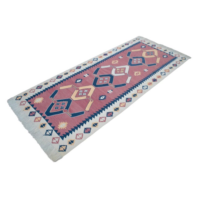 3x7 Pink Navy Silk Kilim, Modern Turkish Flatweave Runner, Handwoven Entryway Corridor Rug, Geometric Tribal Runner For Sale - Image 4 of 18