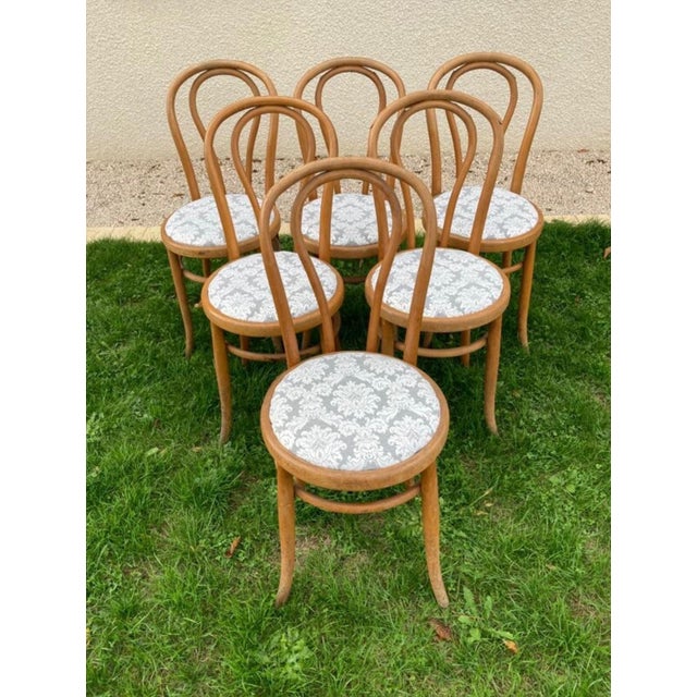 Bistro Chairs in Bent Beechwood and Damask Fabric from Fischel, 1890s For Sale - Image 3 of 10