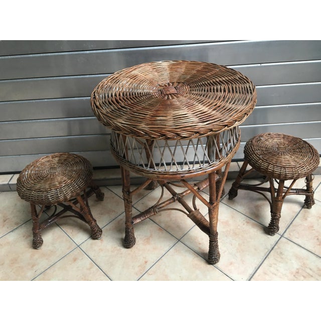 Table and 2 Wicker Stools 1960s, Set of 3 For Sale - Image 12 of 14