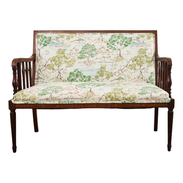19th Century English Sheraton Mahogany Settee Chinoiserie Fabric For Sale