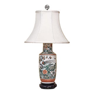 Vintage Chinese Famille Verte Style Porcelain Table Lamp With Hand Painted Birds & Peonies For Sale