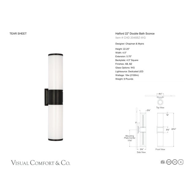 Chapman & Myers for Visual Comfort Signature Halford 22" Double Bath Sconce in Bronze with White Glass For Sale In Houston - Image 6 of 7