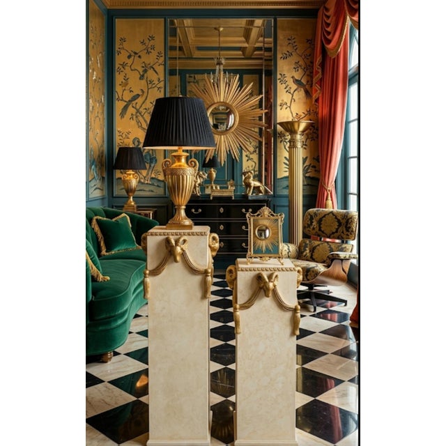 Vintage Tassel Draped Hollywood Regency Ram Head 4 Sided Gold Accent Pedestal Stands - a Pair For Sale - Image 12 of 12