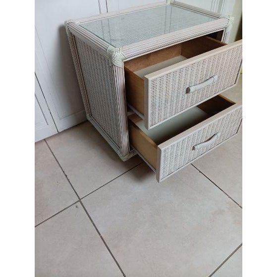 Henry Link Style Vintage Nightstand Wicker Rattan 2 Drawer Beige Glass Top For Sale - Image 4 of 6