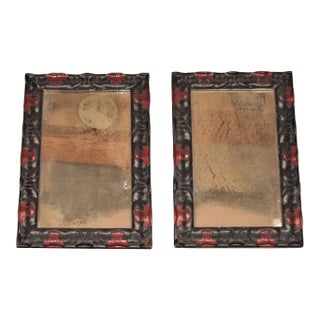 1950s Spanish Art Deco Red & Black Wood Mirrors Bronze Glasses- a Pair For Sale