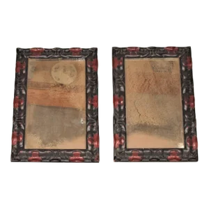 1950s Spanish Art Deco Red & Black Wood Mirrors Bronze Glasses- a Pair