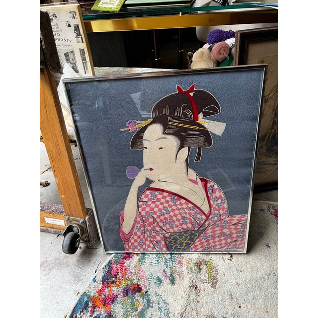 Asian Framed Vintage Textile Art of a Woman For Sale - Image 4 of 10