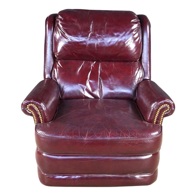 1975 Lane Furniture Burgundy Red Oxblood Leather Nailhead Reclining Armchair For Sale