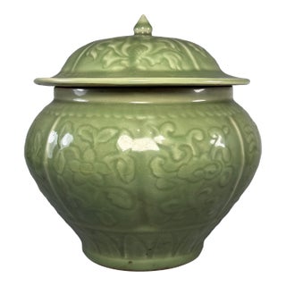 Chinese Celadon Lidded Jar, Carved Floral Collectible Decor Vessel For Sale