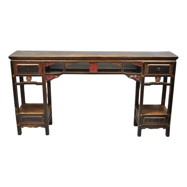 Antique Chinese Carved Hardwood Altar Console Table Sideboard Buffet W/ Drawers For Sale
