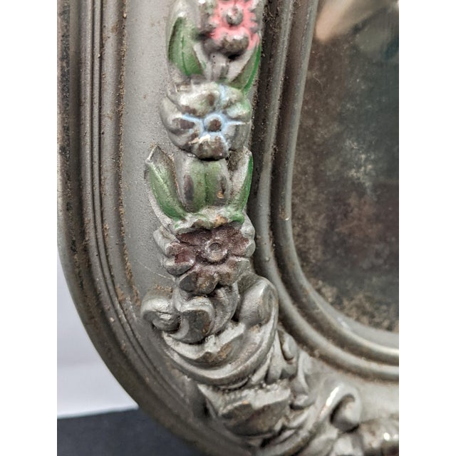 Wood 1938 First Communion Devotional Portrait in Ornate Silvered Polychrome Floral Frame For Sale - Image 7 of 13