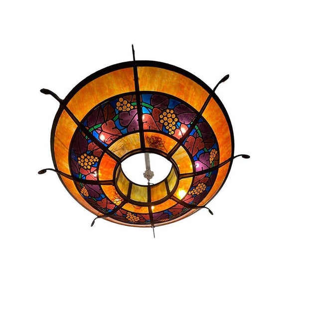 Metal Large French Round Stained Glass Chandelier, 1900s For Sale - Image 7 of 17