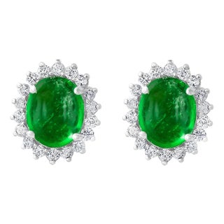 12 Ct Natural Emerald Zambia Cabochon & Diamond Stud Earring 14 Karat White Gold For Sale