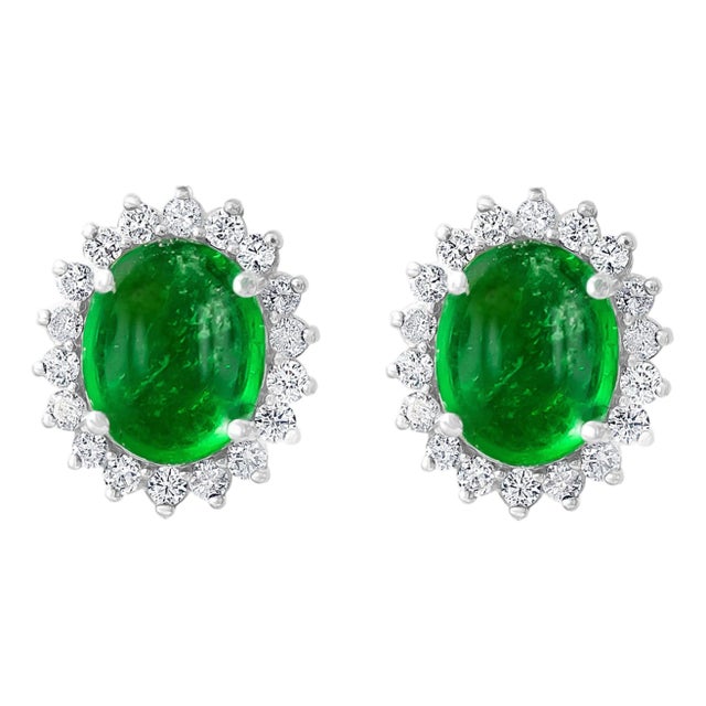 12 Ct Natural Emerald Zambia Cabochon & Diamond Stud Earring 14 Karat White Gold For Sale