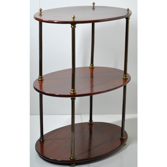Campaign 1930s Mahogany Brass Three Tier Oval English Campaign Style Etagere Shelf For Sale - Image 3 of 14