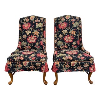 Vintage Queen Anne Style Wingback Lounge Chairs - Pair For Sale