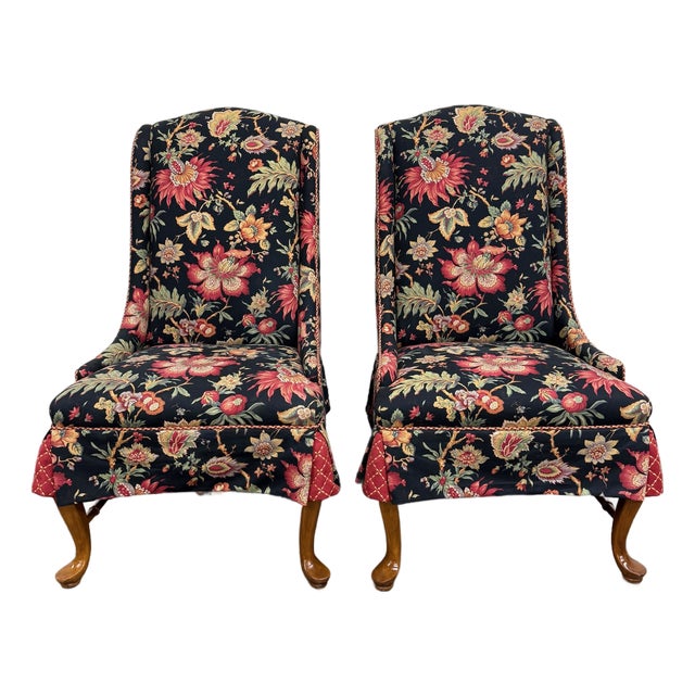 Vintage Queen Anne Style Wingback Lounge Chairs - Pair For Sale