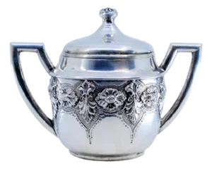 Sugar Bowl in Embossed Silver with Floral Motifs and Hinged Lid
