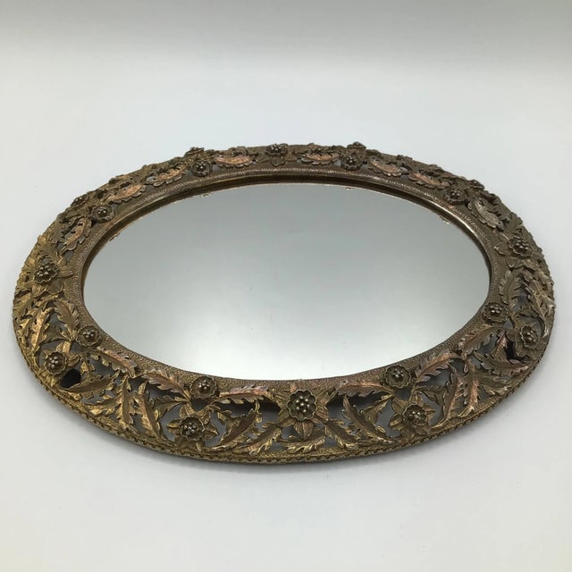 Metal French Art Nouveau Gold Gilt Brass Oval Dresser/Vanity Mirror With Floral Design For Sale - Image 7 of 12