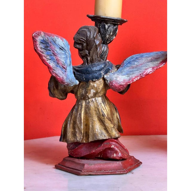 Wood Spanish Baroque Polychrome Angel Torchères on Gilt Pedestals, 1750, Set of 2 For Sale - Image 7 of 9