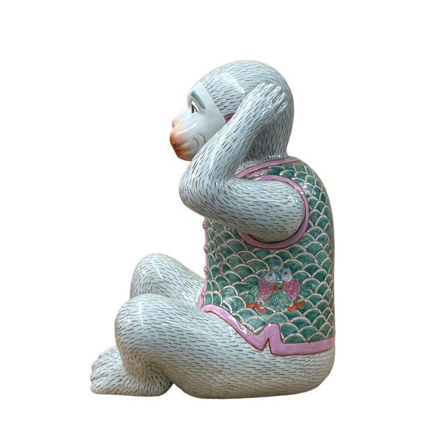 1970s Set 3 Vintage Gray Green Dress No Evils Ceramic Art Monkey Figures For Sale - Image 5 of 14