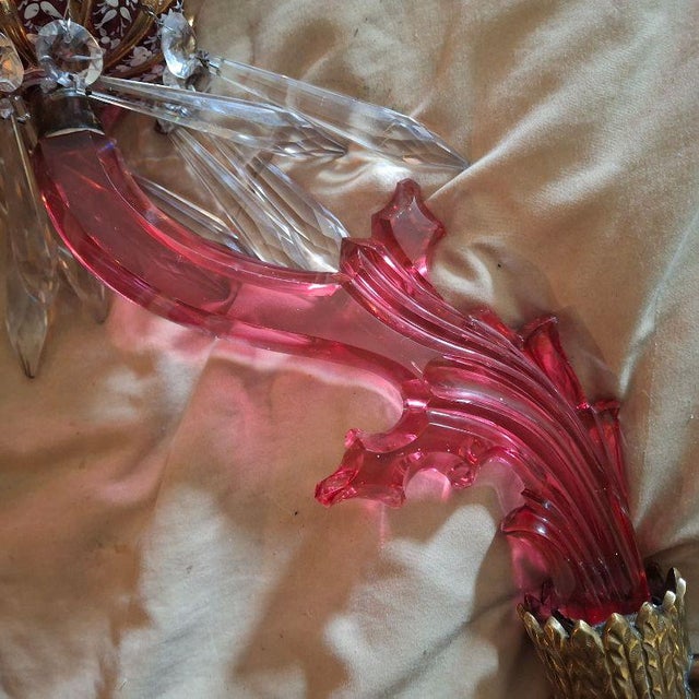 19th Century French Art Nouveau Red Art Glass/ Crystal Gilt Bronze Candle Wall Sconces Attrib. Baccarat True Left and Right Form For Sale - Image 16 of 18