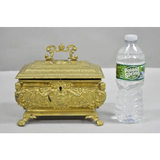 Antique French Renaissance Figural Bronze Casket Jewelry Box with Cherubs and Winged Maidens Raised on Paw Feet. Unlocked,...