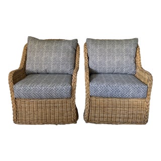 Michael Taylor Braided Wicker Club Chairs With Sister Parish Ink Blue Burmese Linen Cushions- a Pair For Sale